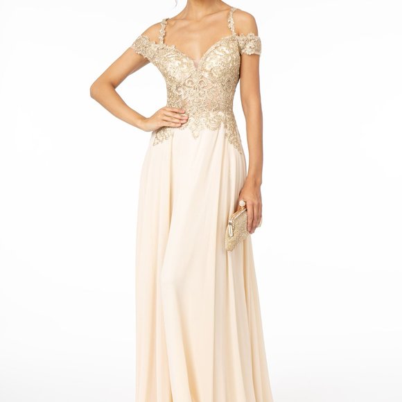 Champagne Off Shoulder Sequined Bodice Dress L2998